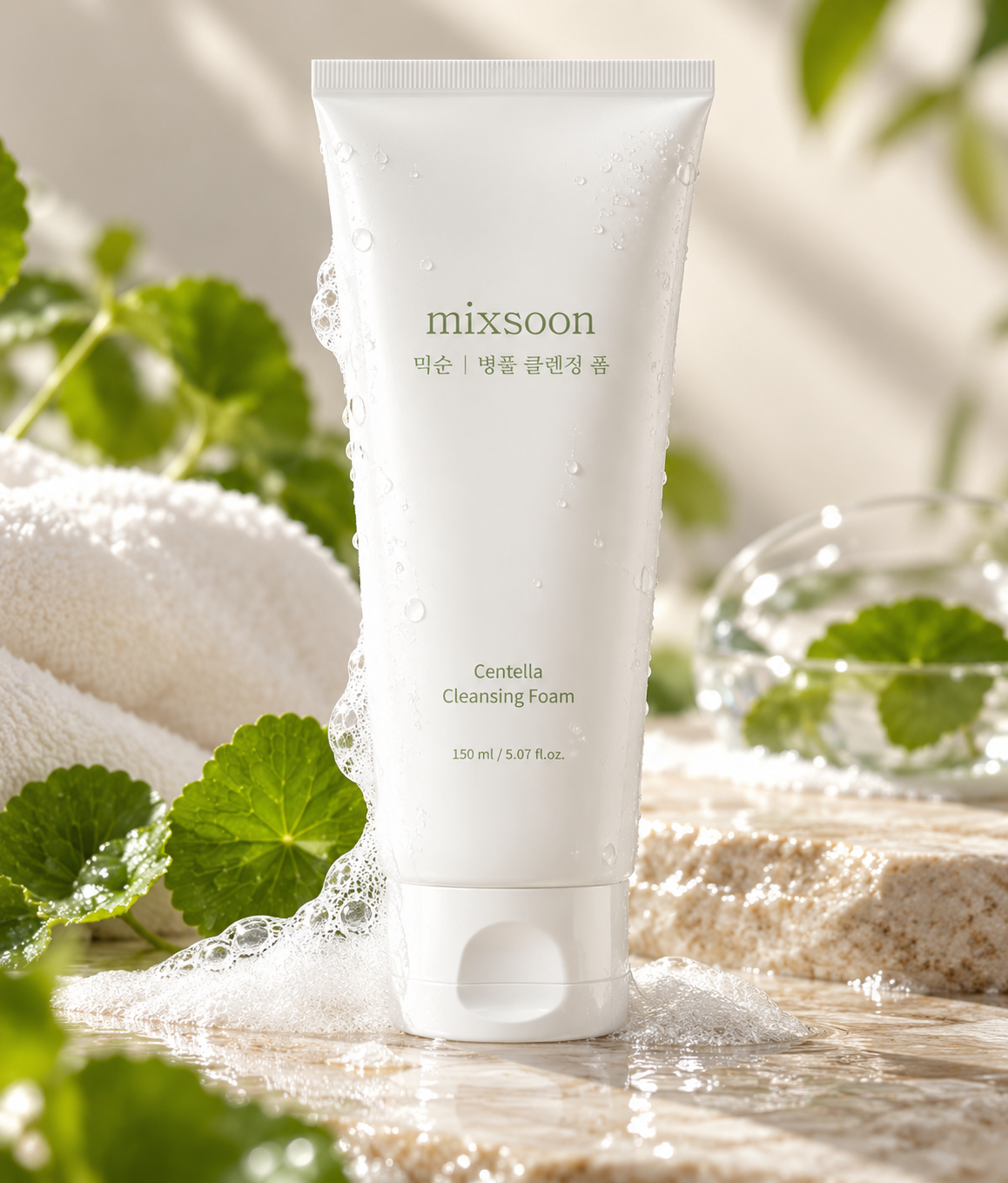 mixsoon Centella Cleansing Foam 150ml displayed with fresh Centella leaves, water droplets and soft cleansing foam in a bright natural setting, highlighting its fresh and gentle Korean skincare concept.