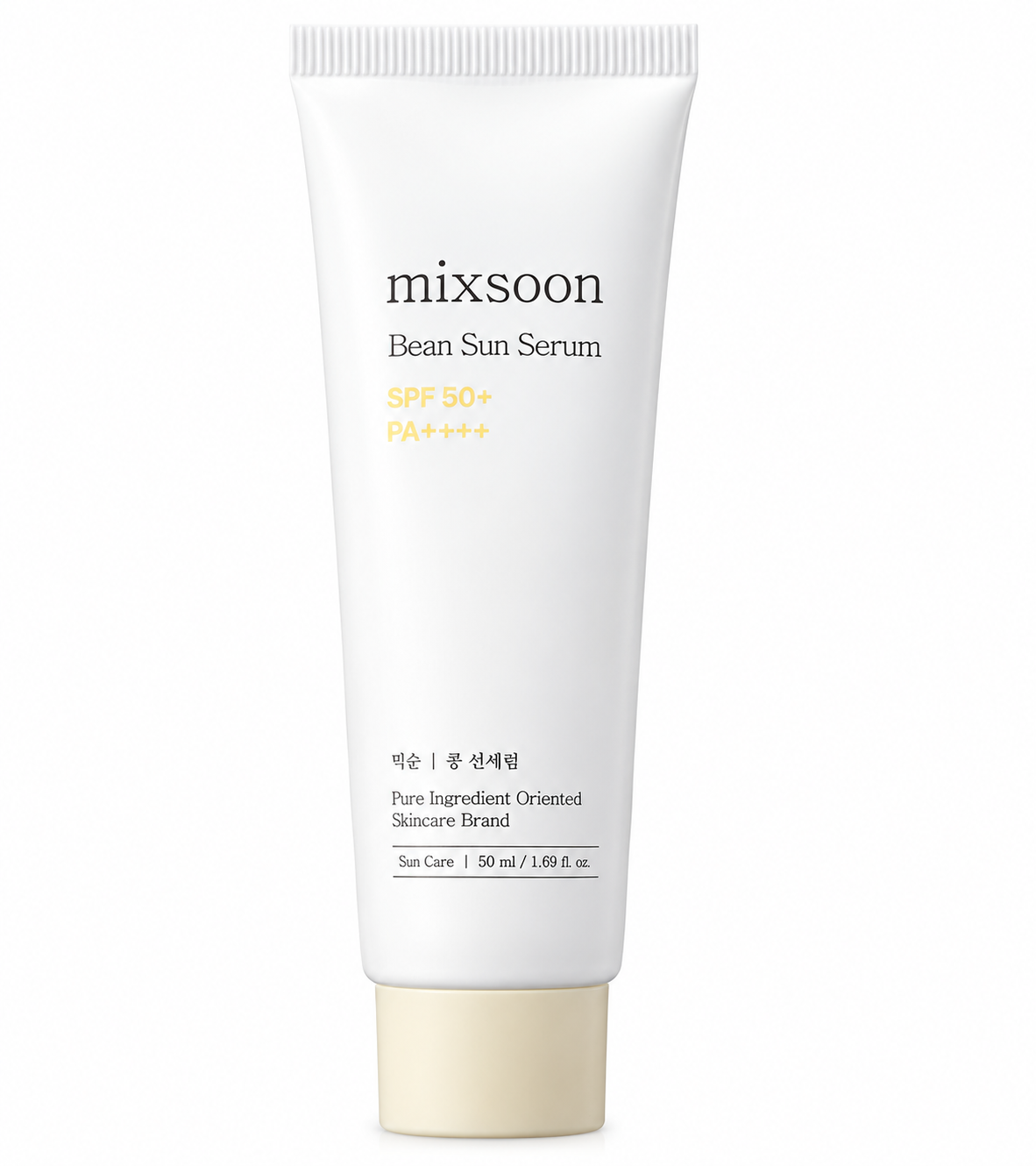 Mixsoon Bean Sun Serum SPF 50+ PA++++ 50ml Korean facial sunscreen in a minimalist white tube with a cream-colored cap. Lightweight daily sun protection skincare with high SPF and UVA protection, photographed against a pure white background for a clean, premium product presentation.