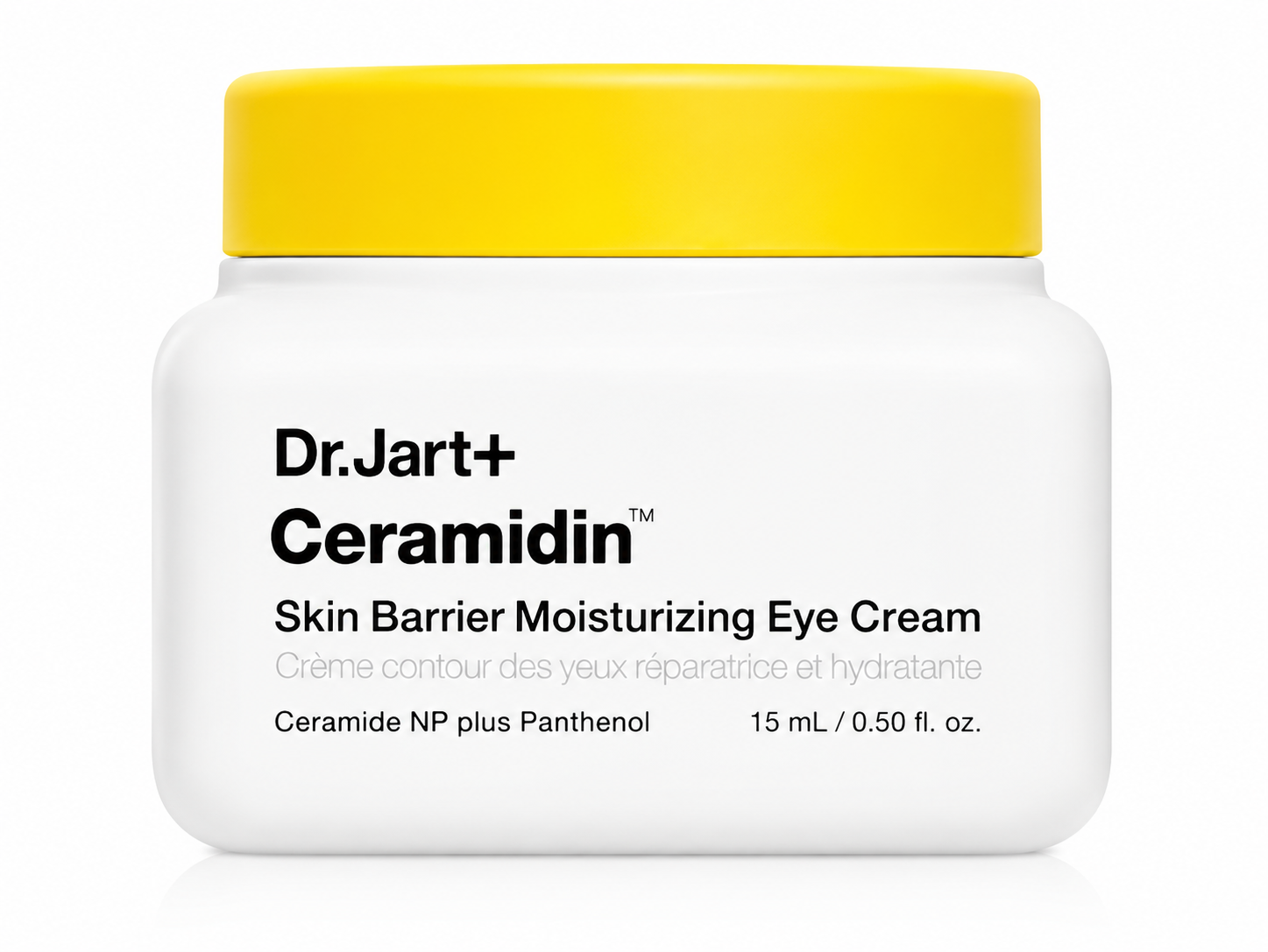 Dr.Jart+ Ceramidin Skin Barrier Moisturizing Eye Cream 15ml in its signature white jar with a vibrant yellow lid on a pure white background, highlighting a nourishing eye cream formulated with Ceramide NP and Panthenol to strengthen the skin barrier, deeply hydrate, smooth fine lines and reduce dryness around the delicate eye area.