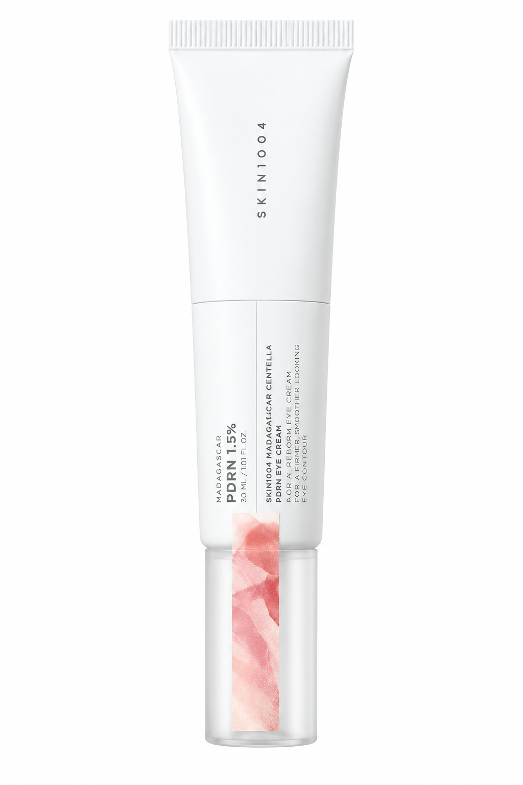 SKIN1004 Madagascar Centella PDRN 1.5 Cream 30ml in a sleek white dual-section tube with minimalist branding and soft pink detailing, designed for both facial and eye-area care, presented on a clean white background.