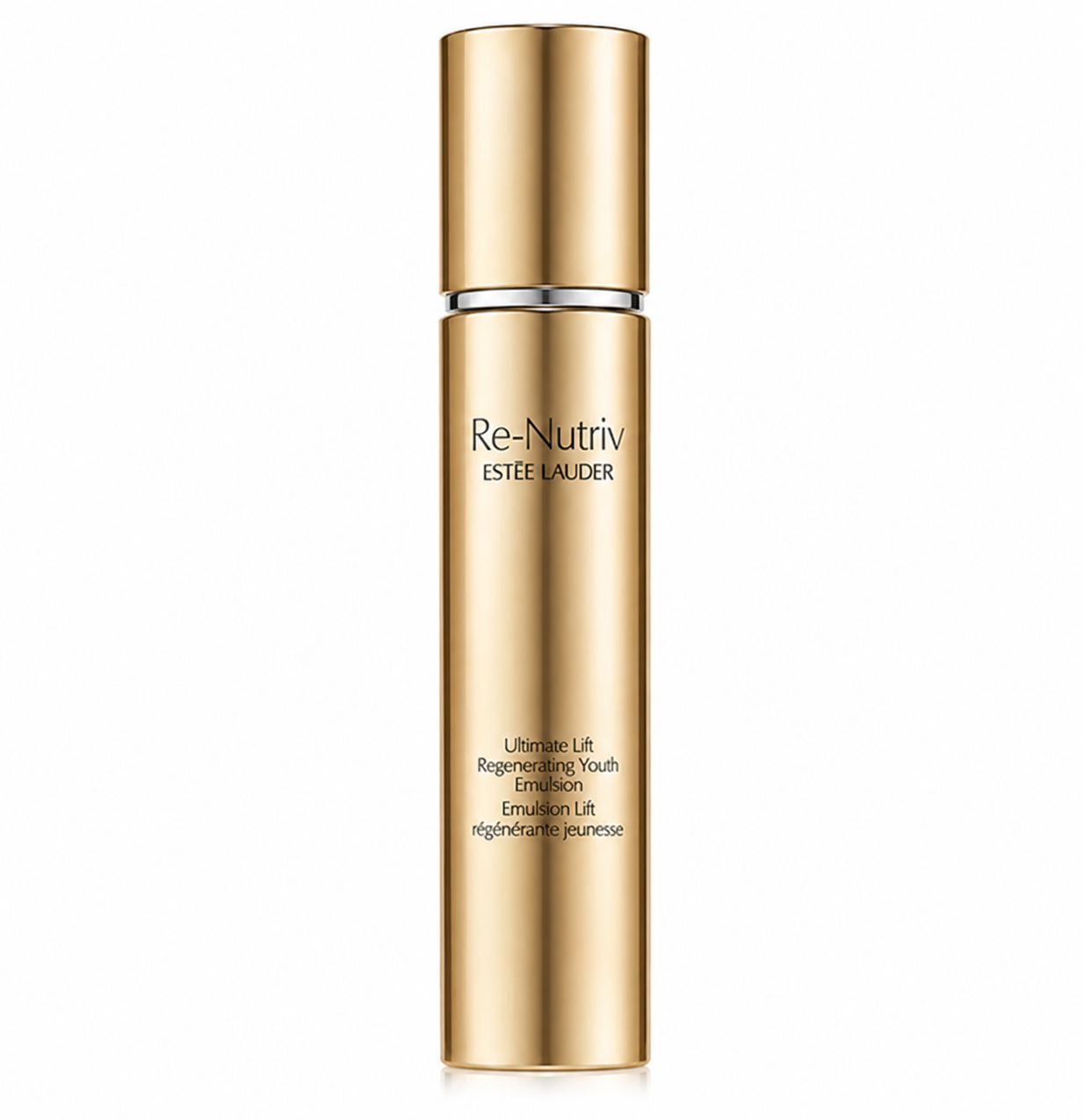 Estée Lauder Re-Nutriv Ultimate Lift Regenerating Youth Emulsion presented in a sleek cylindrical metallic gold bottle with luxurious mirror-like reflections, elegant black typography, a refined silver accent ring beneath the cap, and premium craftsmanship. Displayed upright on a flawless pure white background with professional studio lighting, crisp reflections, subtle natural shadows, and exceptional detail that highlights the polished metallic finish.