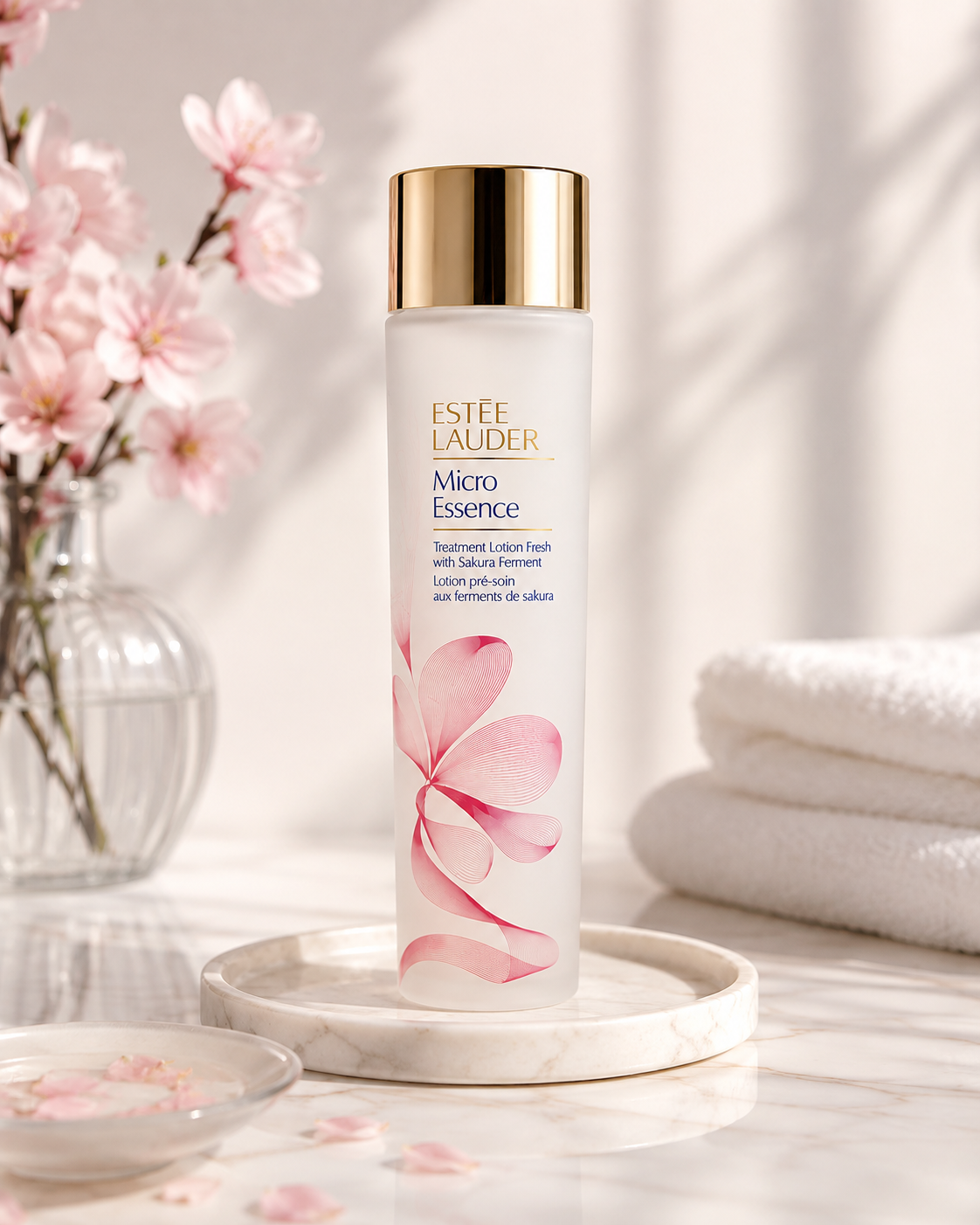 Estée Lauder Micro Essence Treatment Lotion Fresh with Sakura Ferment elegantly displayed on a cream marble vanity tray in soft natural morning light. The scene features blooming pink cherry blossom branches in a clear ribbed glass vase, neatly folded white spa towels, scattered sakura petals, and a refined minimalist skincare environment with warm neutral tones.