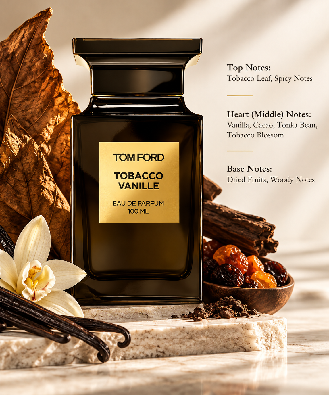Tom Ford Tobacco Vanille 100ml Eau de Parfum presented in a warm, luxurious setting with tobacco leaves, vanilla, cacao and dried fruits, highlighting notes of tobacco leaf, spicy notes, vanilla, cacao, tonka bean, tobacco blossom, dried fruits and woody notes.