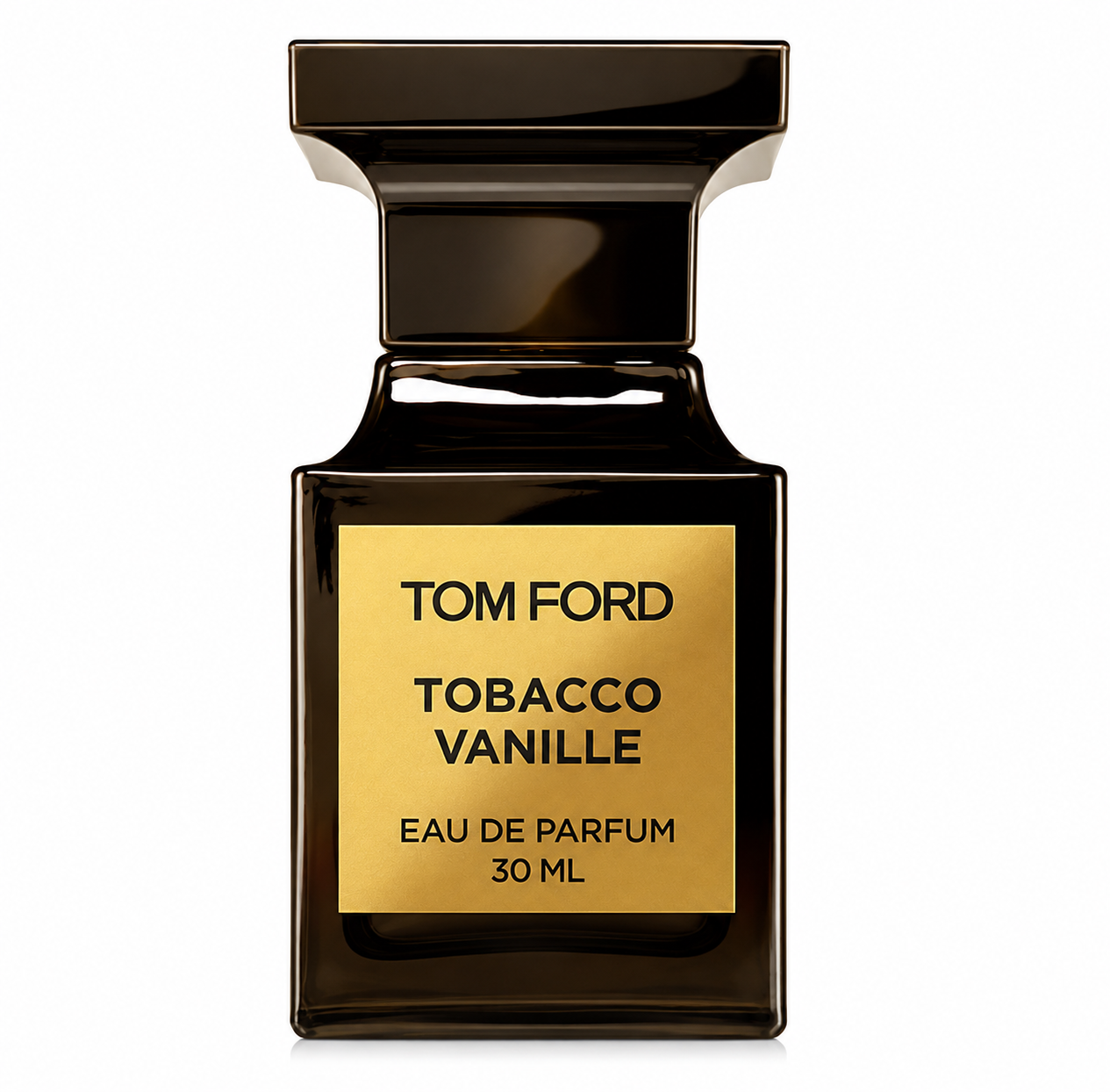 Tom Ford Tobacco Vanille Eau de Parfum bottle in its iconic dark brown flacon with gold label, isolated on a pristine white background, showcasing the luxurious Private Blend design with crisp details and premium studio lighting.