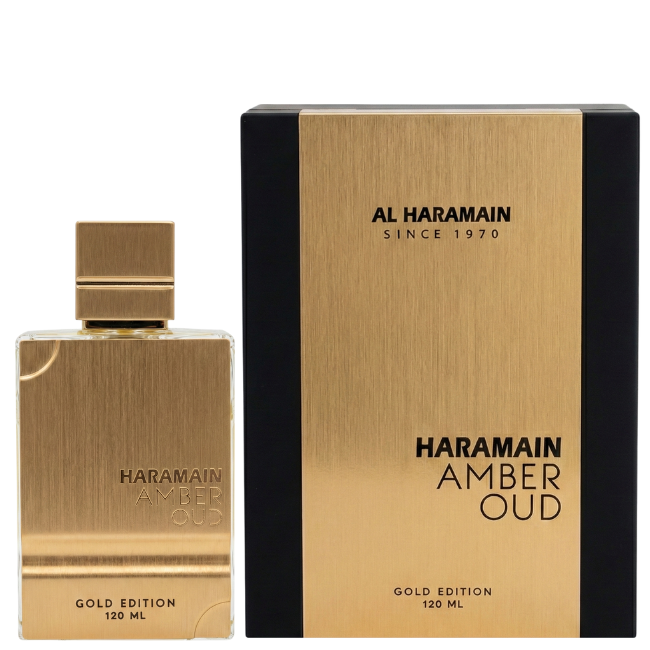 Haramain Amber Oud Gold Edition perfume bottle and packaging on a white background
