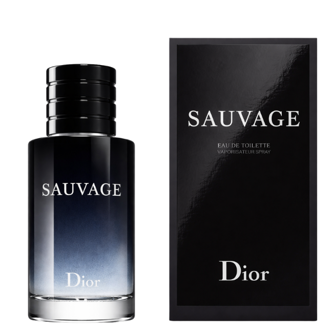 A heavy cylindrical glass bottle of Dior Sauvage Eau de Toilette featuring a midnight blue to clear gradient and a ridged black cap, standing next to its sleek, high-gloss black gift box.