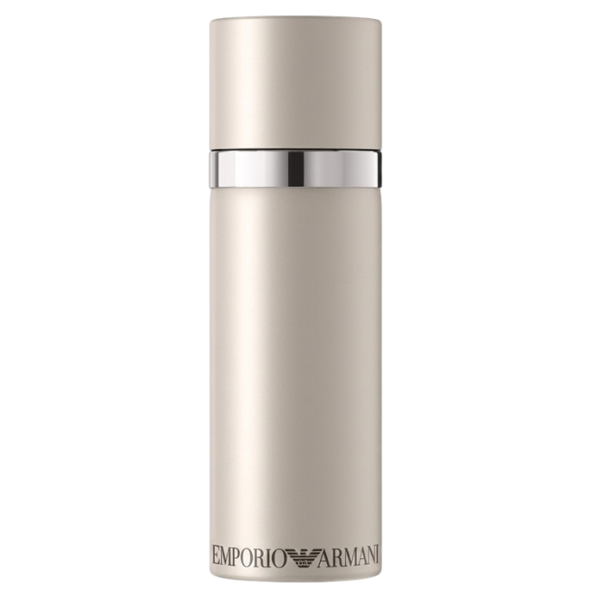 Silver cylindrical bottle with silver cap on a white background, featuring Emporio Armani logo.